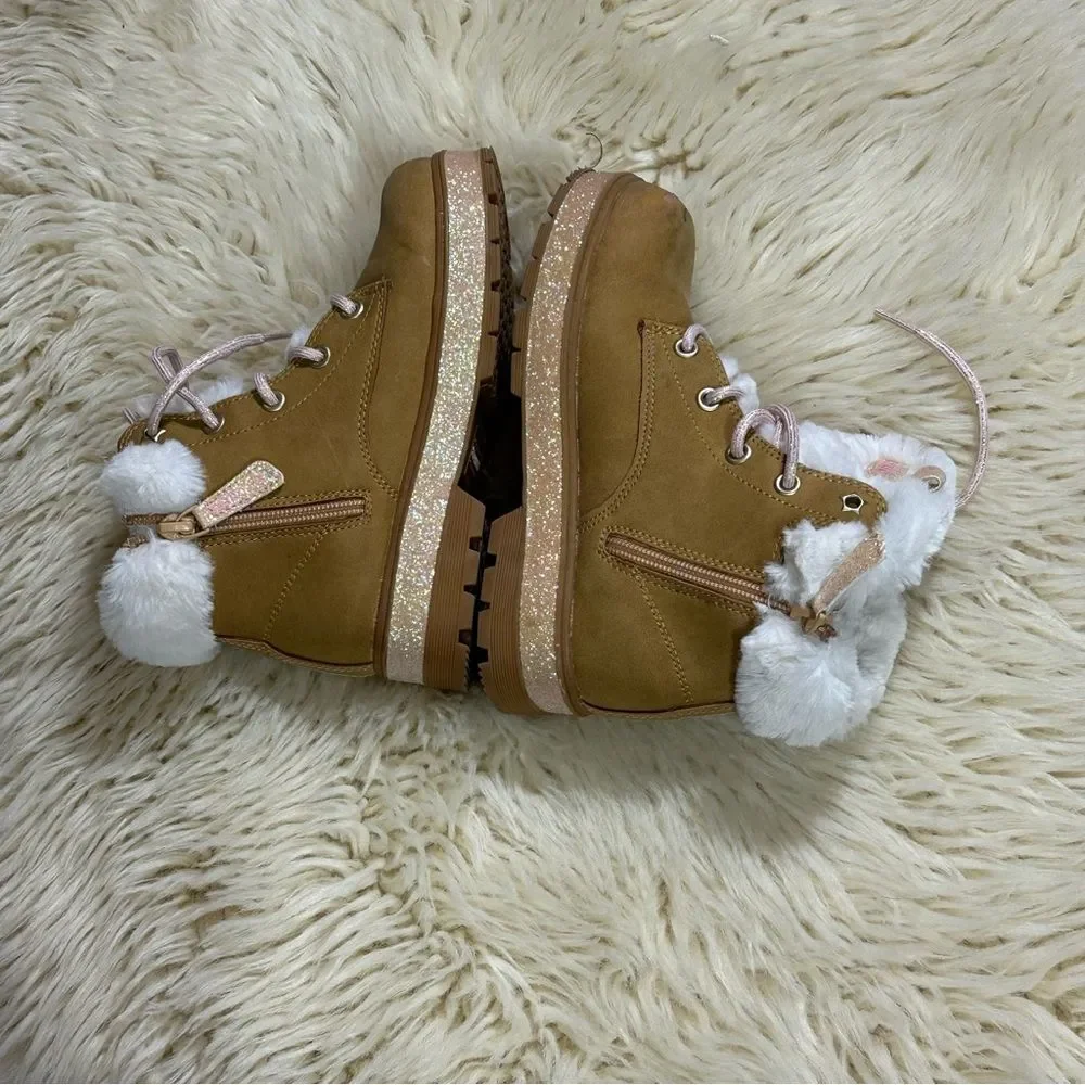 Skechers Tan Faux-Fur Lace-Up Ankle Boots with Glitter Sole